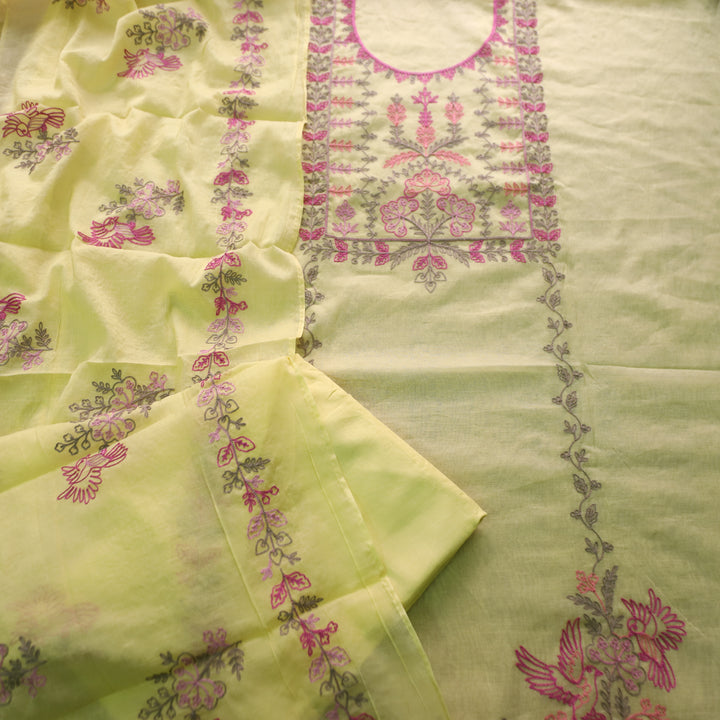 Musafir Buttermilk Yellow All Over Kashida Thread Neck Work in Chanderi Suit Set