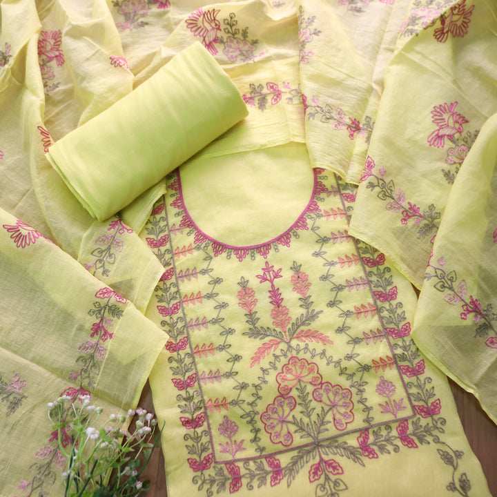 Musafir Buttermilk Yellow All Over Kashida Thread Neck Work in Chanderi Suit Set
