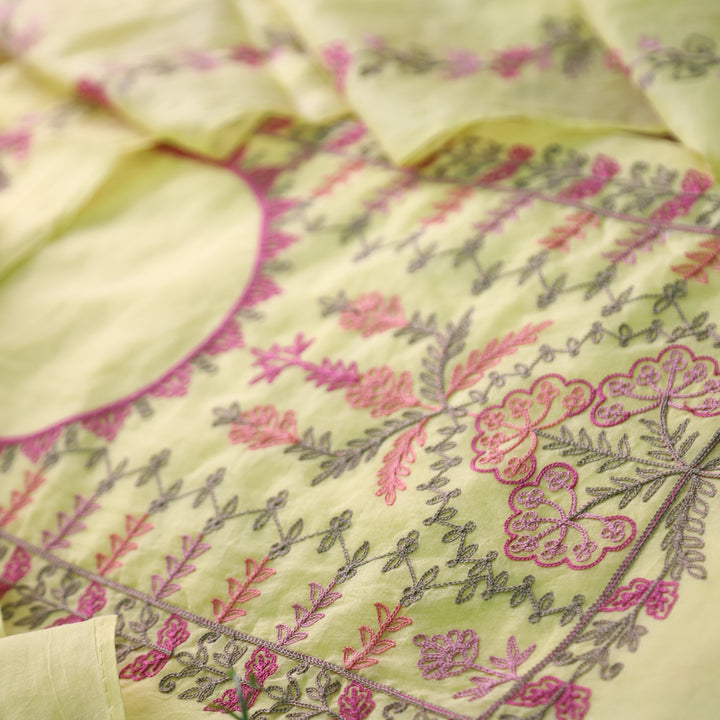 Musafir Buttermilk Yellow All Over Kashida Thread Neck Work in Chanderi Suit Set