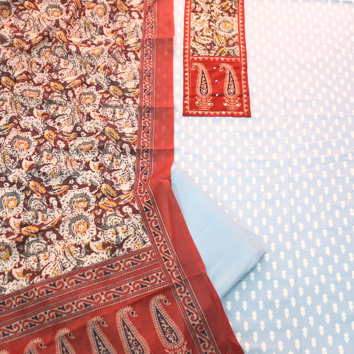 Ada Bluish Grey Kalamkari Yoke with French Knot Printed Jam Cotton Set