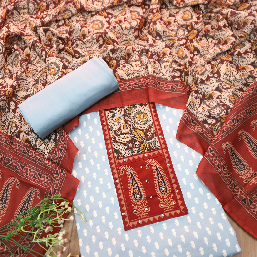 Ada Bluish Grey Kalamkari Yoke with French Knot Printed Jam Cotton Set