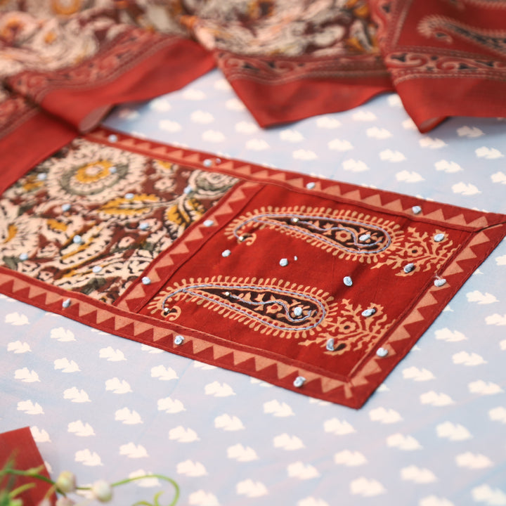 Ada Bluish Grey Kalamkari Yoke with French Knot Printed Jam Cotton Set