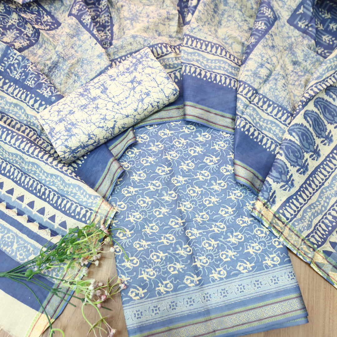 Anshima Stone Blue All Over Digital Self Printed Cotton Suit Set