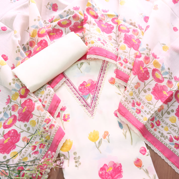 Ada Cream White with Pink Floral Printed Embellish V Neck Modal Set