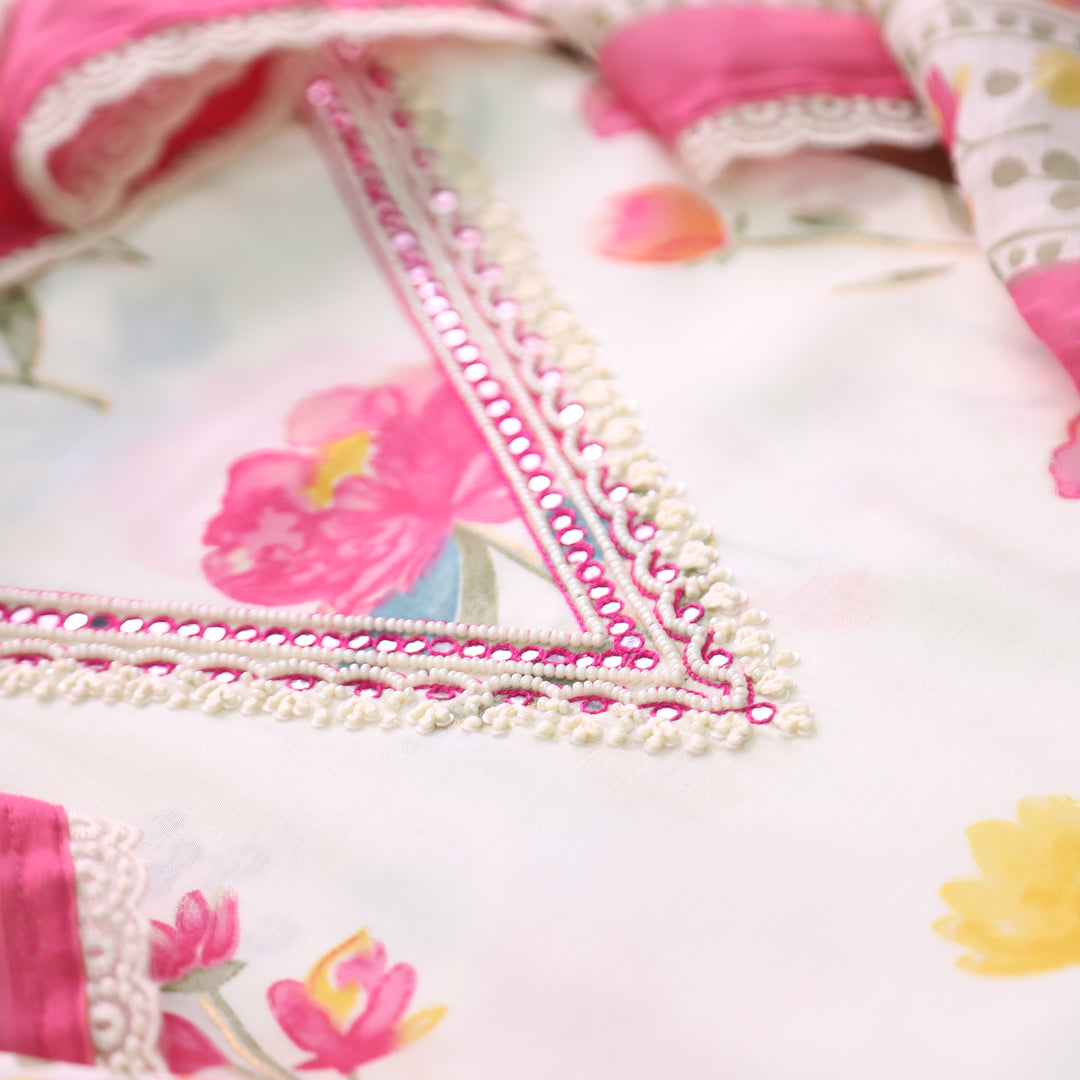Ada Cream White with Pink Floral Printed Embellish V Neck Modal Set