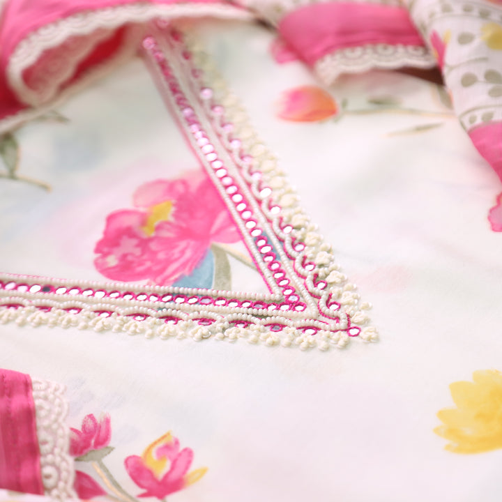 Ada Cream White with Pink Floral Printed Embellish V Neck Modal Set