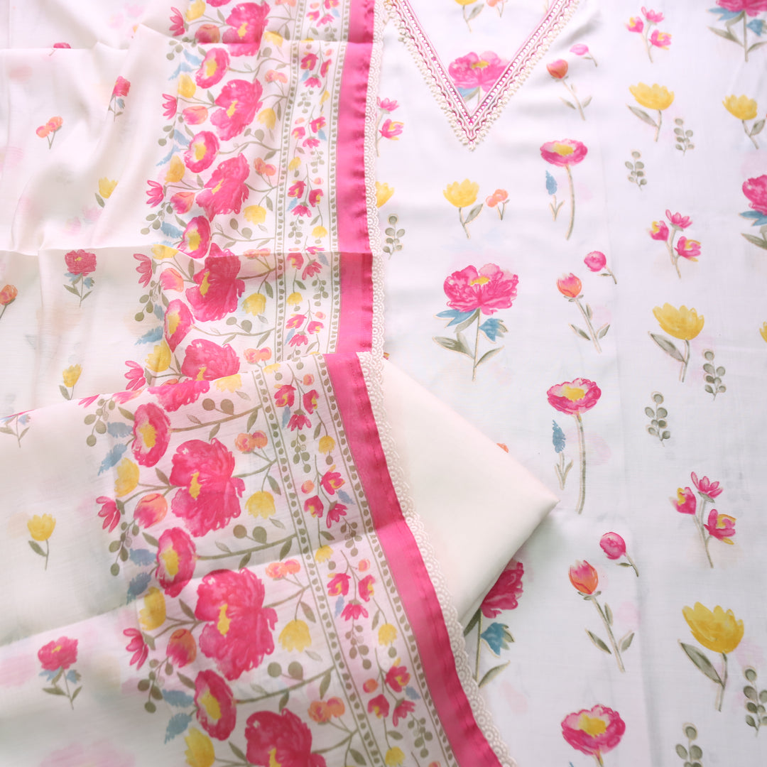 Ada Cream White with Pink Floral Printed Embellish V Neck Modal Set