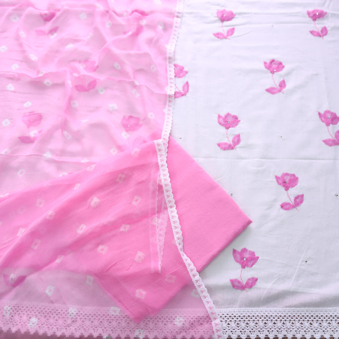 Sobiya White with Pink Floral Applique Work with Stone Cotton Suit Set