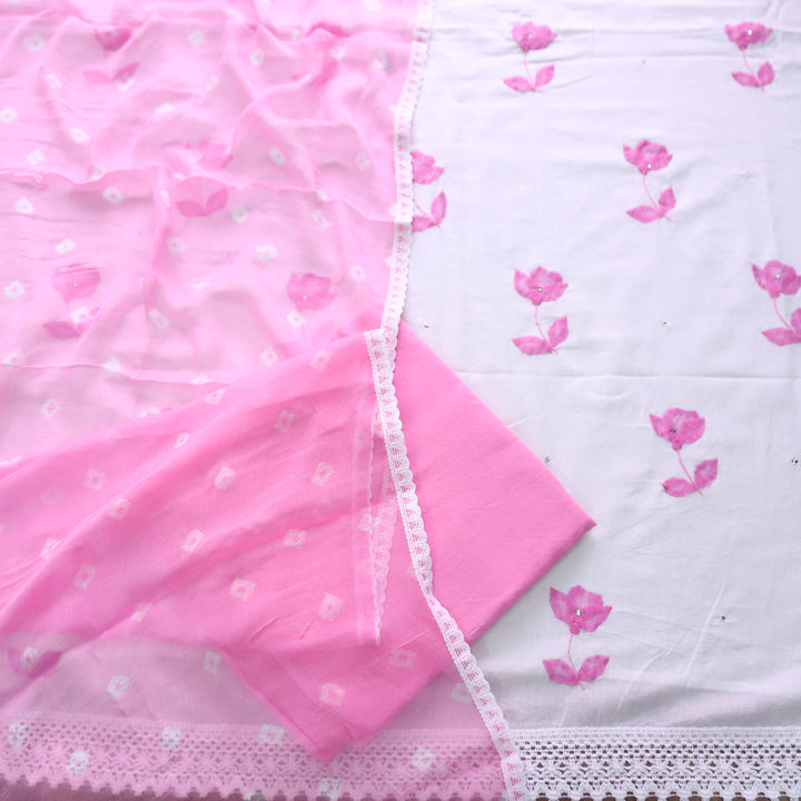 Sobiya White with Pink Floral Applique Work with Stone Cotton Suit Set