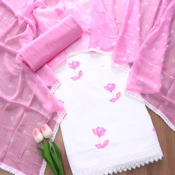 Sobiya White with Pink Floral Applique Work with Stone Cotton Suit Set