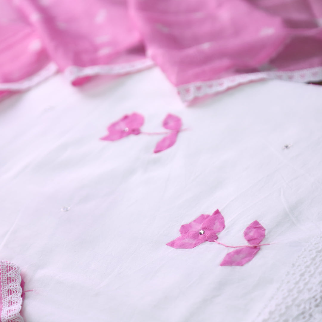 Sobiya White with Pink Floral Applique Work with Stone Cotton Suit Set