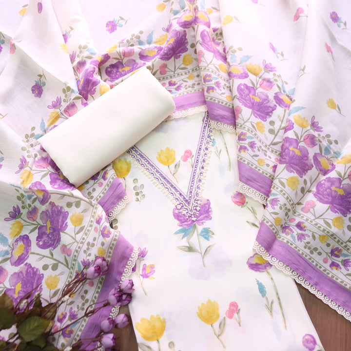 Ada Cream White with Purple Floral Printed Embellish V Neck Modal Set