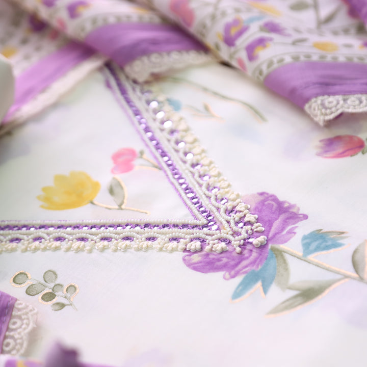 Ada Cream White with Purple Floral Printed Embellish V Neck Modal Set