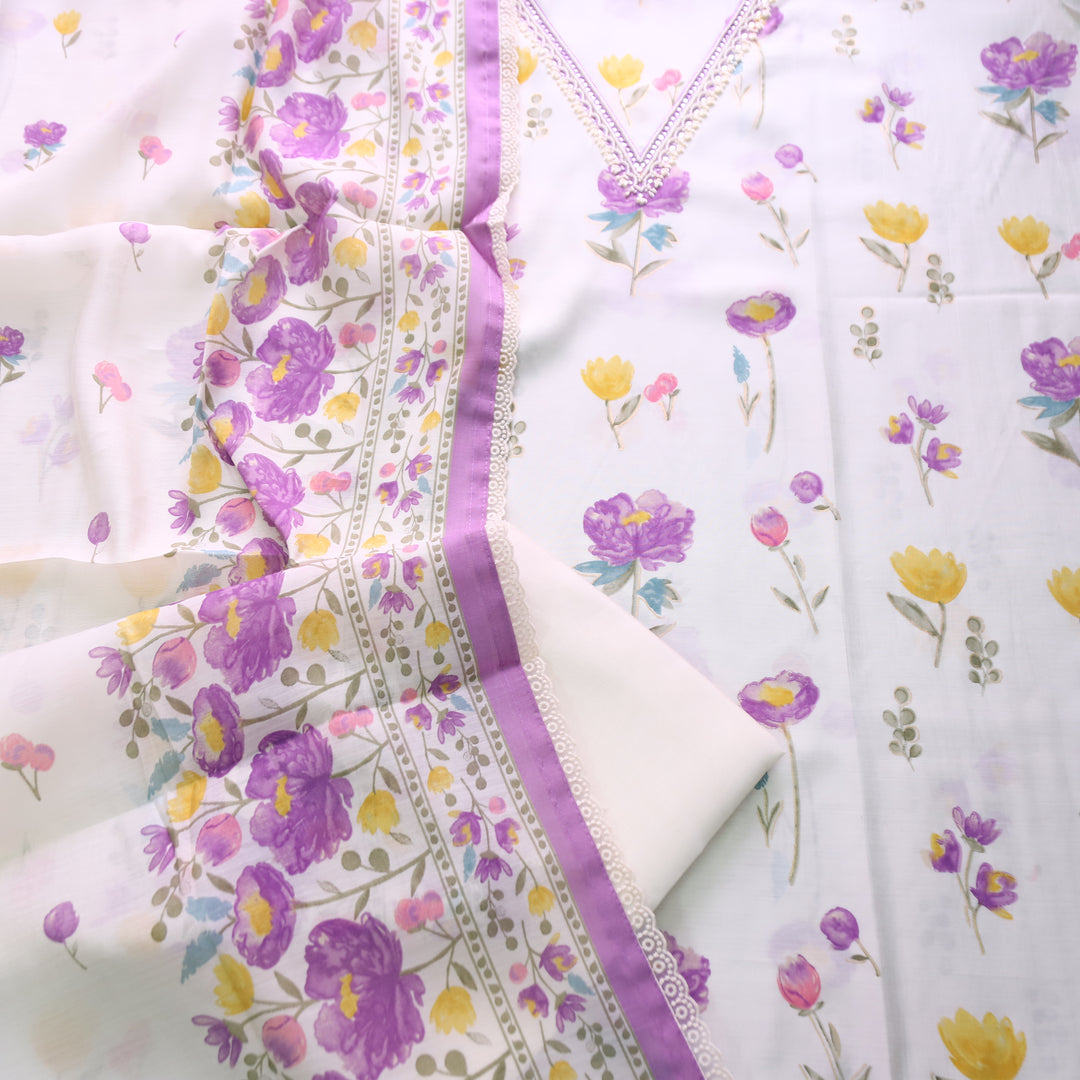Ada Cream White with Purple Floral Printed Embellish V Neck Modal Set
