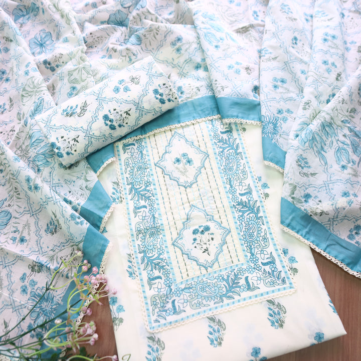 Aashna Cream Beige Embroidered Floral Printed Cotton Set