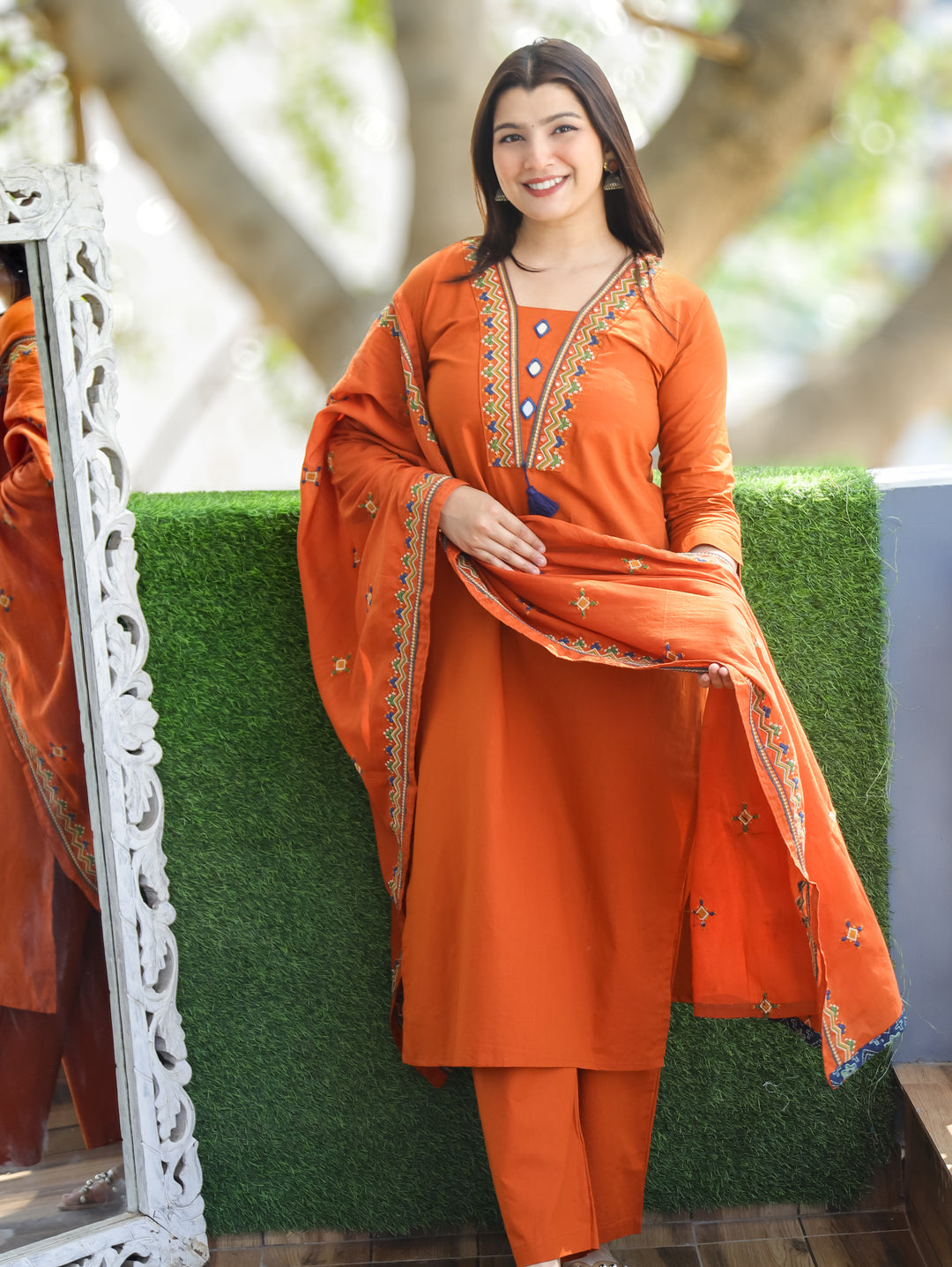 Alina Rust Orange Mirror Work 3 Piece Set