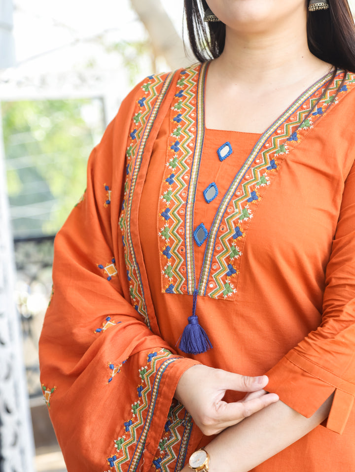 Alina Rust Orange Mirror Work 3 Piece Set