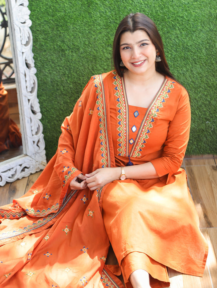 Alina Rust Orange Mirror Work 3 Piece Set