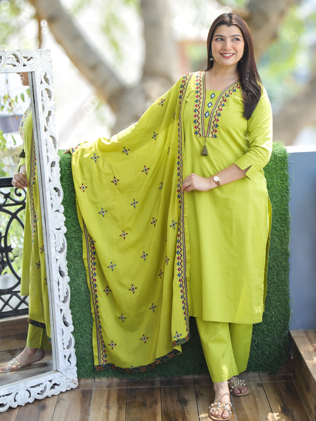 Alina Lime Mint Mirror Work 3 Piece Set