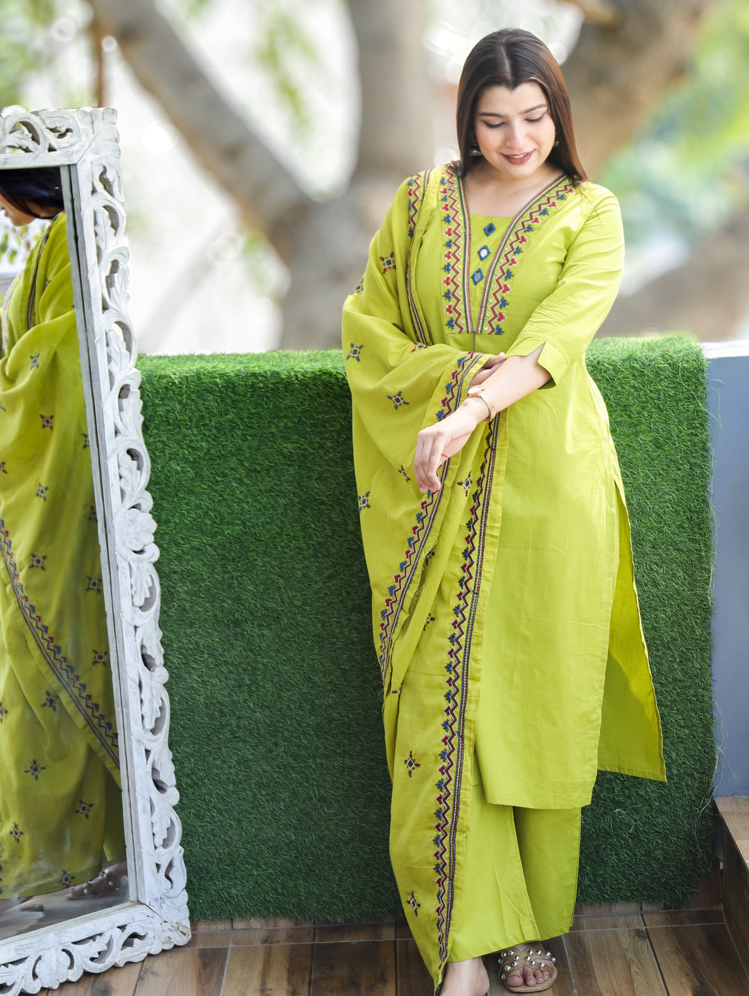 Alina Lime Mint Mirror Work 3 Piece Set
