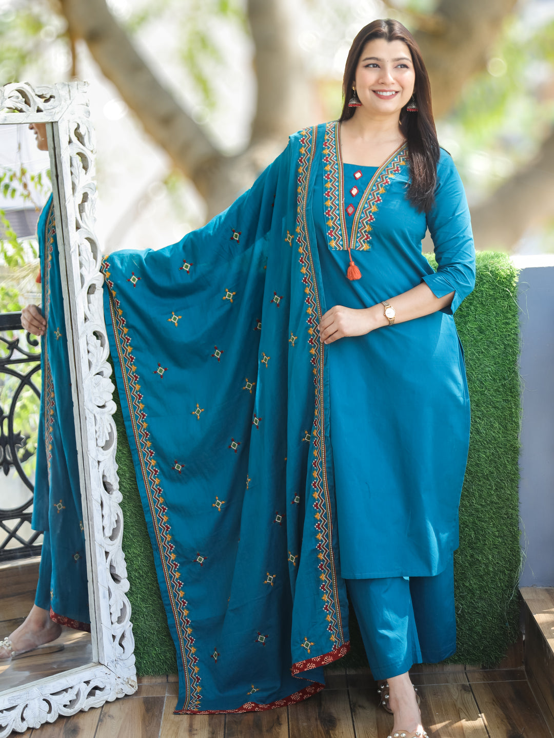 Alina Cerulean Teal Mirror Work 3 Piece Set