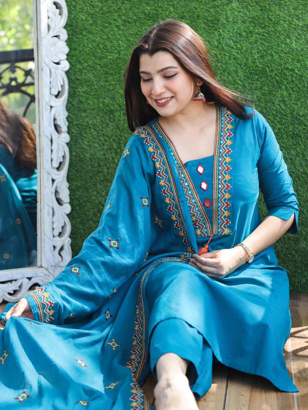 Alina Cerulean Teal Mirror Work 3 Piece Set