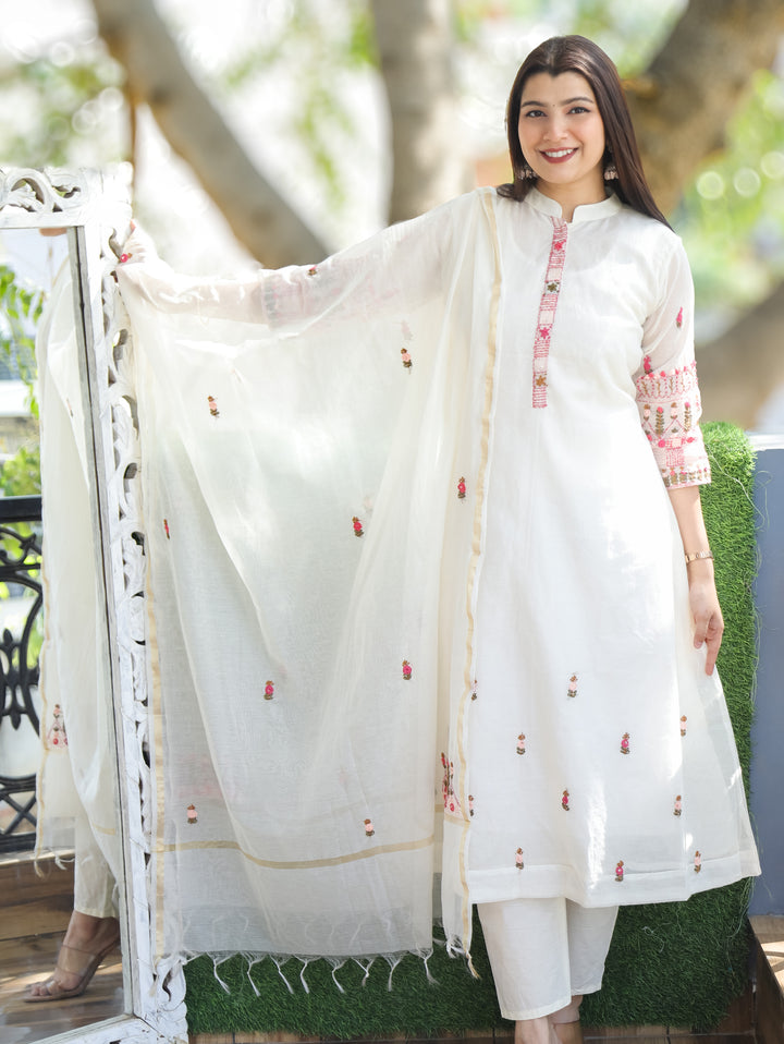 Hans Safed Embroidered Mul Chanderi 3 Piece Set