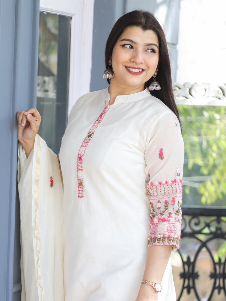 Hans Safed Embroidered Mul Chanderi 3 Piece Set