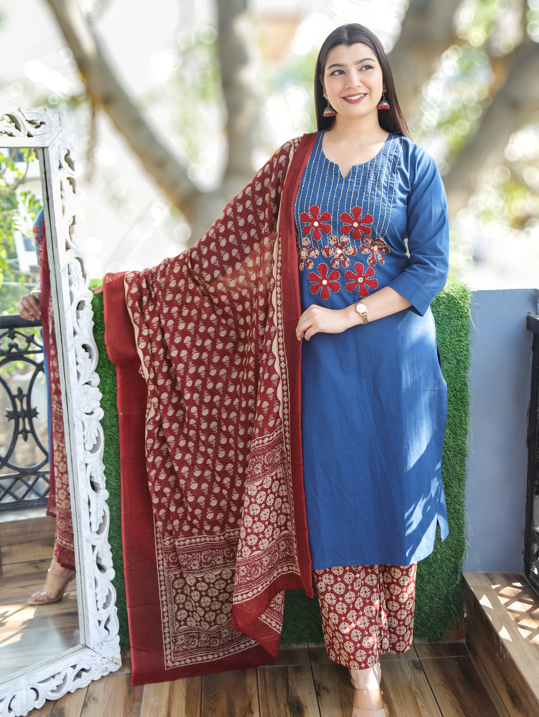 Shalini Denim Blue Applique 3 Piece Set