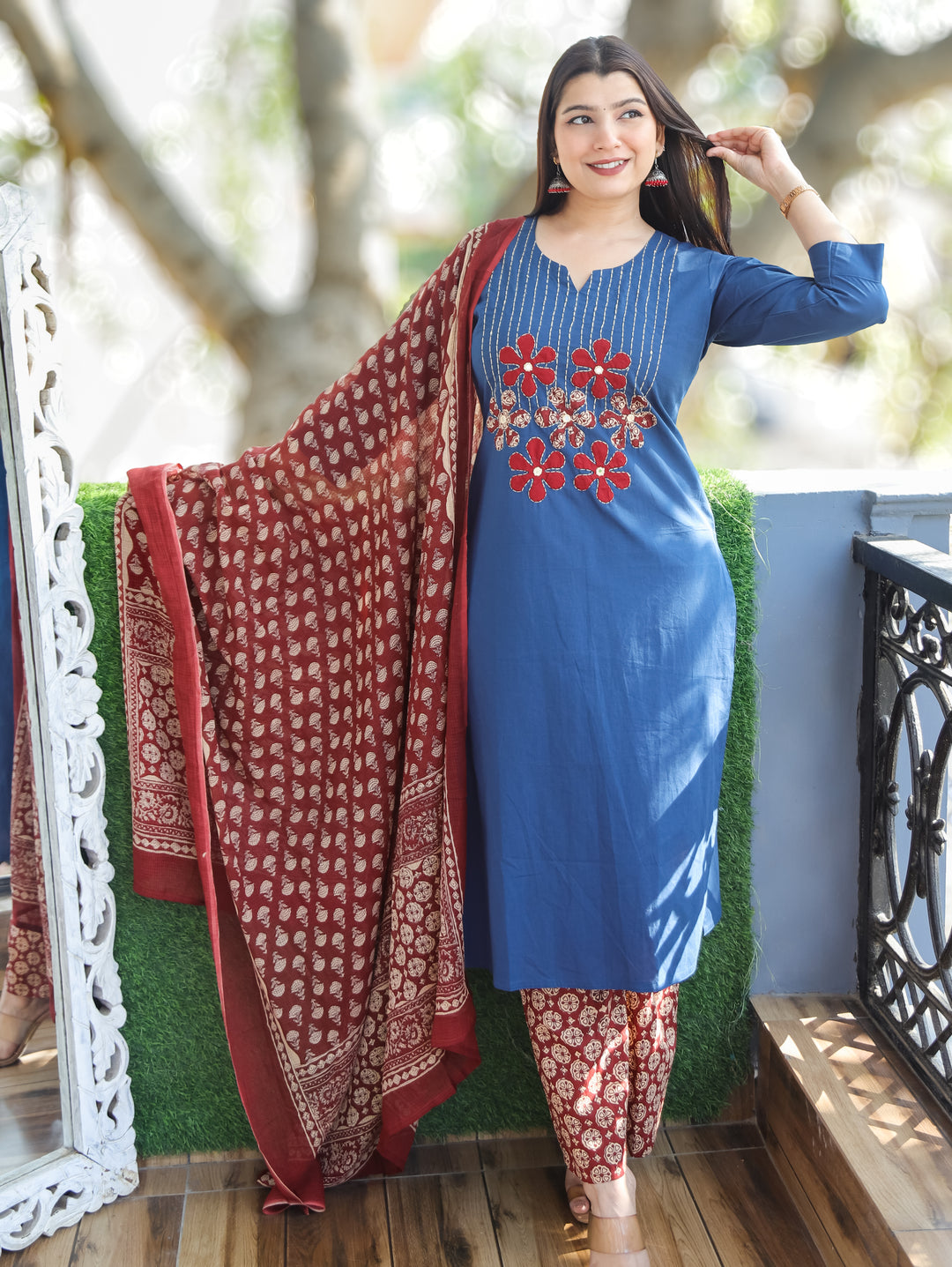 Shalini Denim Blue Applique 3 Piece Set