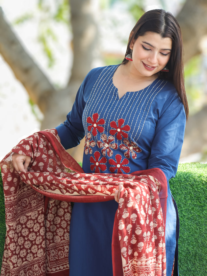 Shalini Denim Blue Applique 3 Piece Set