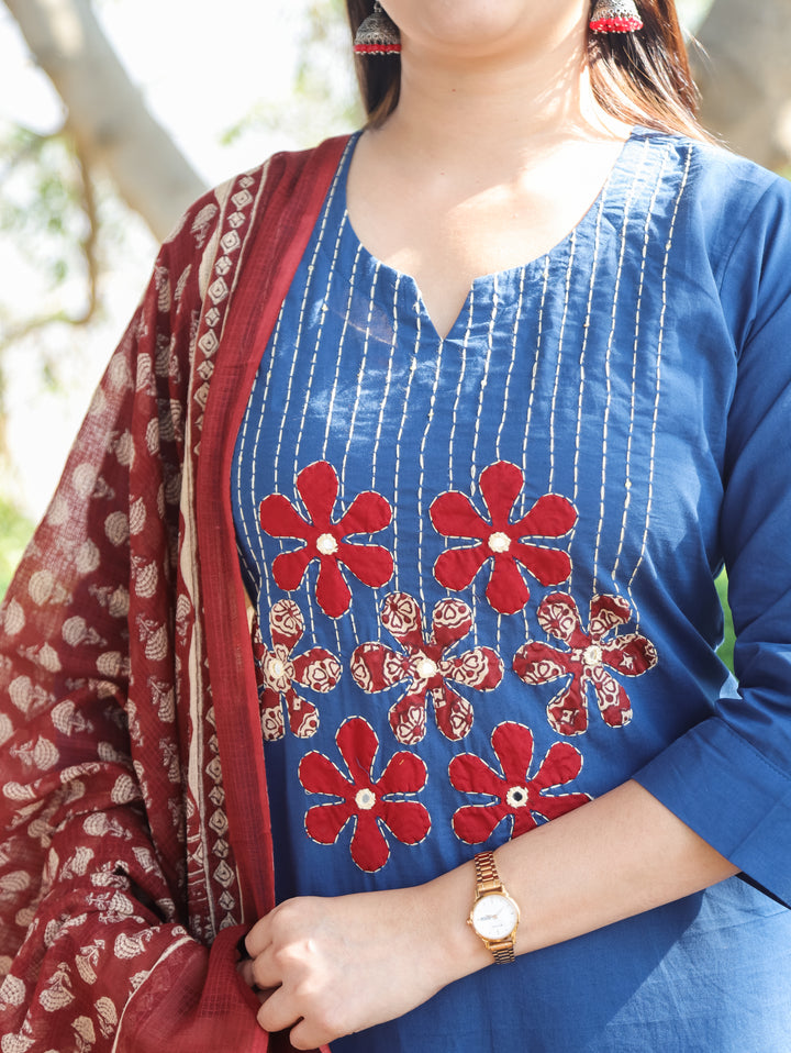 Shalini Denim Blue Applique 3 Piece Set