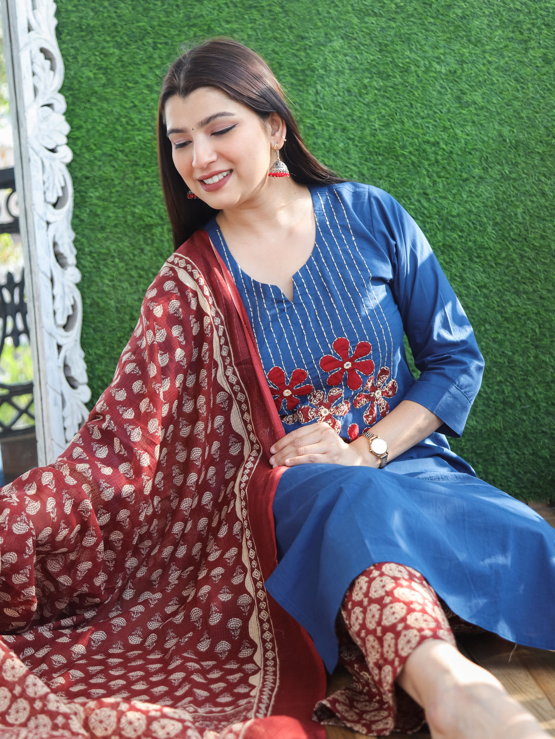 Shalini Denim Blue Applique 3 Piece Set