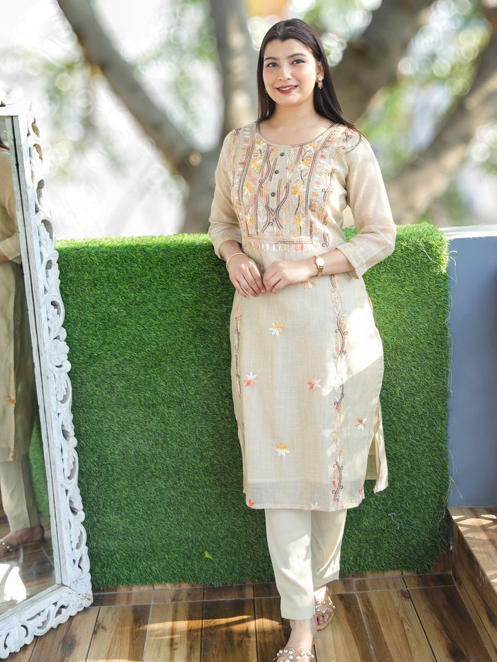 Mirha Sand Beige Kolkata Embroidered 2 Piece Set