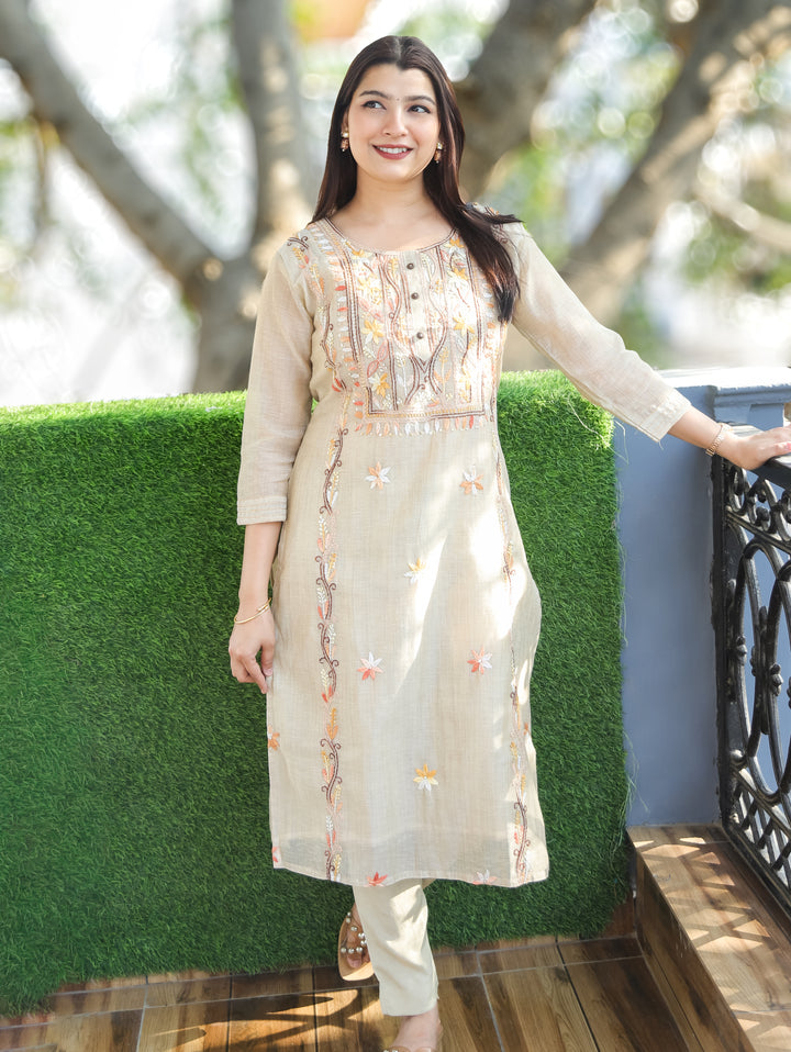 Mirha Sand Beige Kolkata Embroidered 2 Piece Set