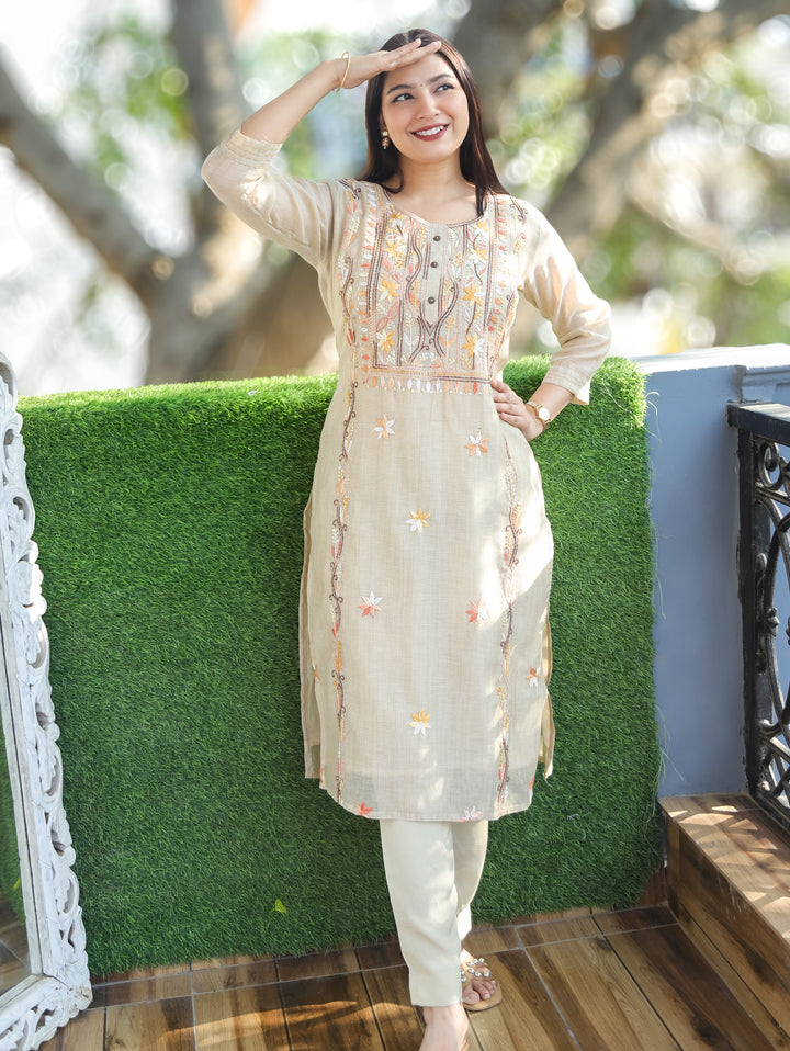 Mirha Sand Beige Kolkata Embroidered 2 Piece Set