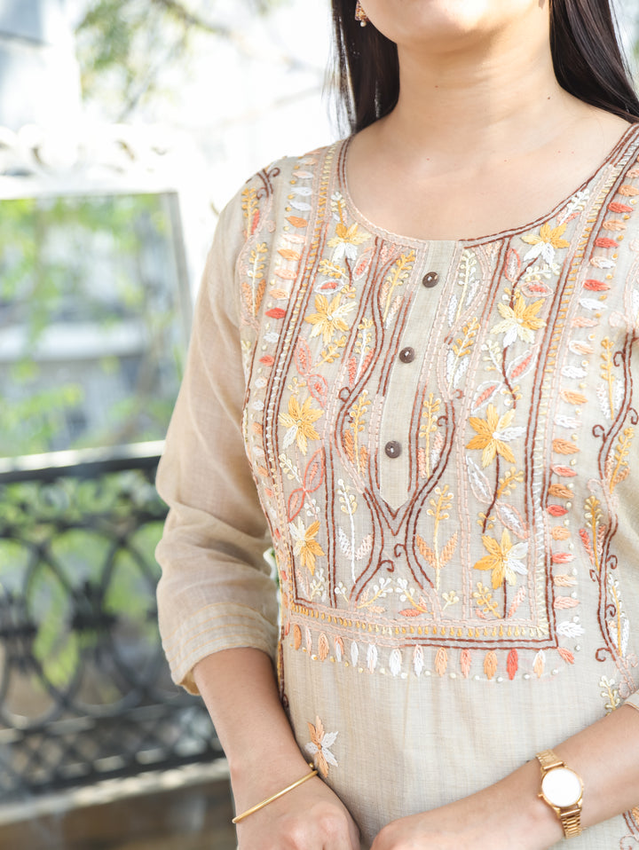 Mirha Sand Beige Kolkata Embroidered 2 Piece Set
