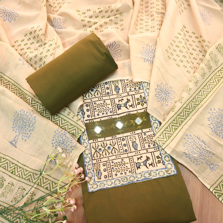 Shakshi Mehndi Green Block Print with Mirror Work Cotton Set