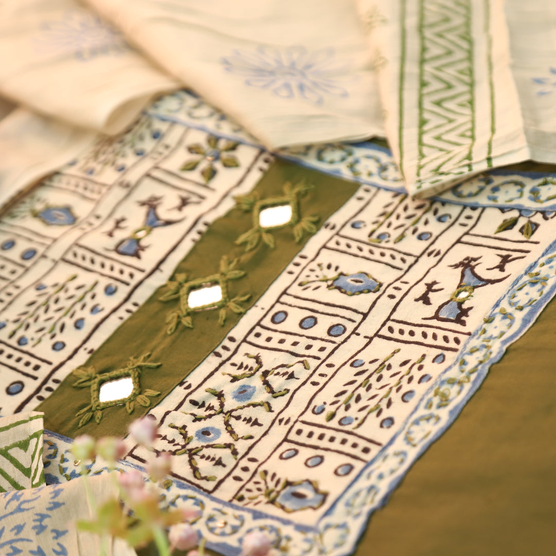 Shakshi Mehndi Green Block Print with Mirror Work Cotton Set