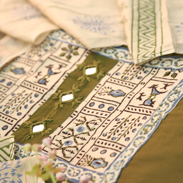 Shakshi Mehndi Green Block Print with Mirror Work Cotton Set