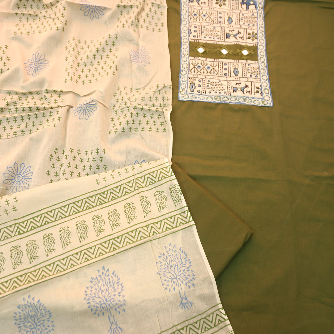 Shakshi Mehndi Green Block Print with Mirror Work Cotton Set