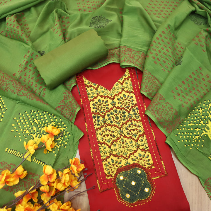 Mira Brick Maroon Kalamkari Printed Yoke Jam Cotton Set