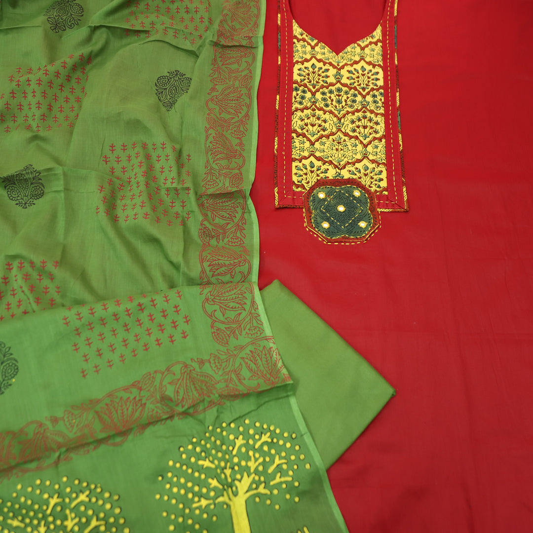 Mira Brick Maroon Kalamkari Printed Yoke Jam Cotton Set