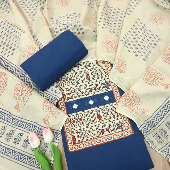 Shakshi Royal Blue Block Print with Mirror Work Cotton Set