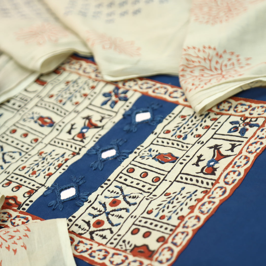 Shakshi Royal Blue Block Print with Mirror Work Cotton Set
