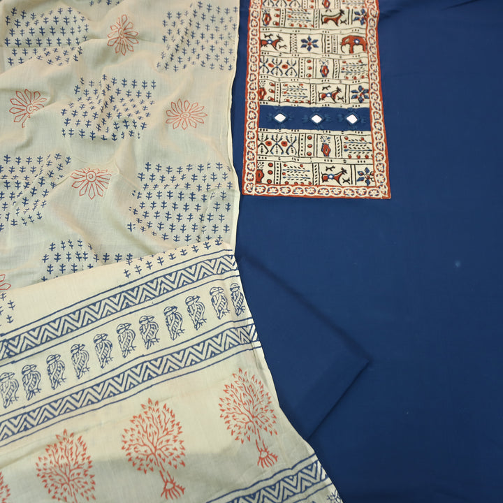 Shakshi Royal Blue Block Print with Mirror Work Cotton Set