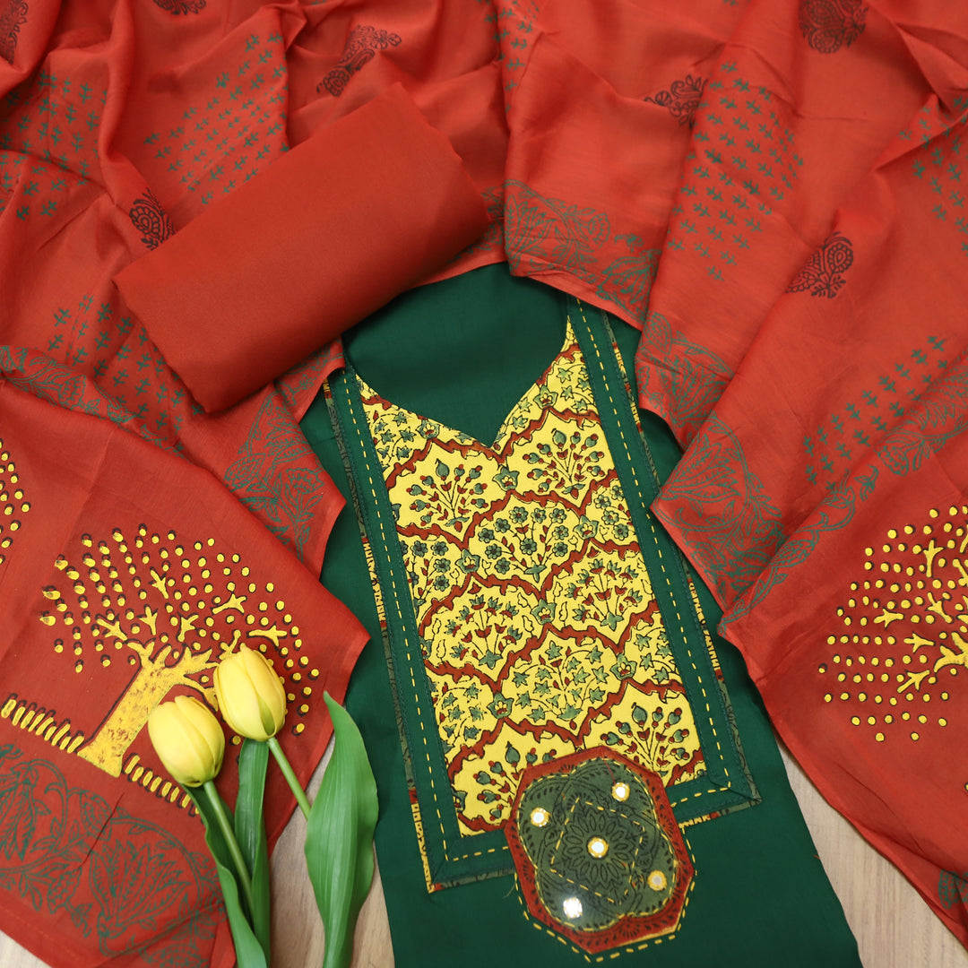 Mira Emerald Green Kalamkari Printed Yoke Jam Cotton Set