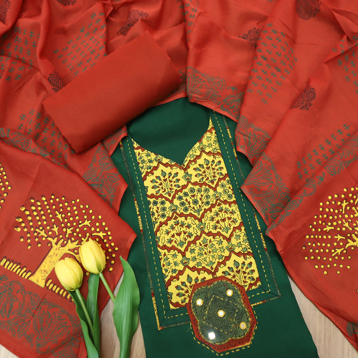 Mira Emerald Green Kalamkari Printed Yoke Jam Cotton Set