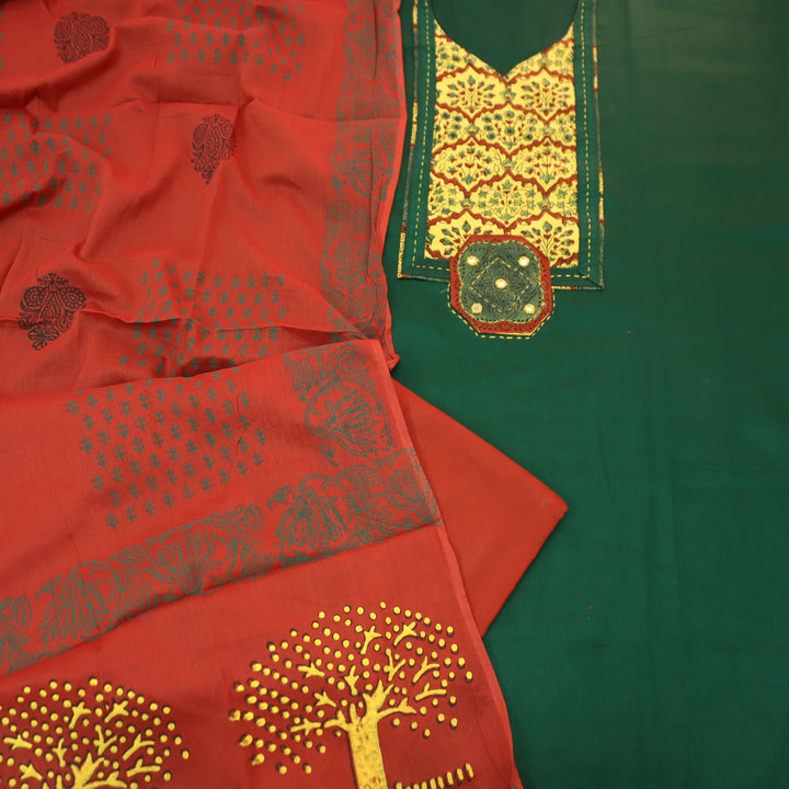 Mira Emerald Green Kalamkari Printed Yoke Jam Cotton Set