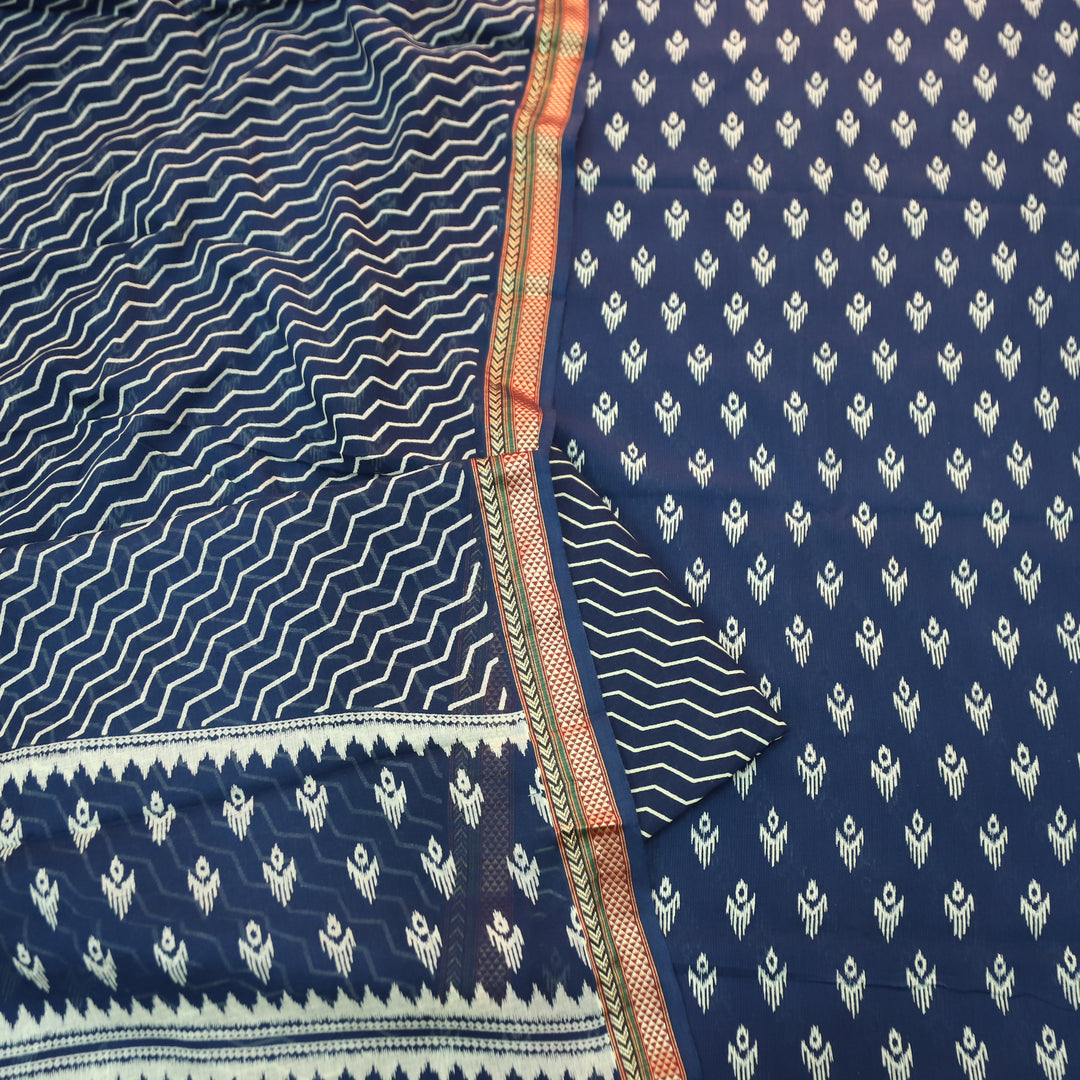 Syami Navy Blue Ikkat Printed Mangalgiri Hem Cotton Set-D4